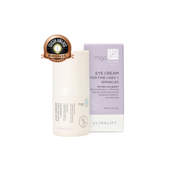Eye cream bottle and packaging with 'mgc UltraLift' branding on a white background