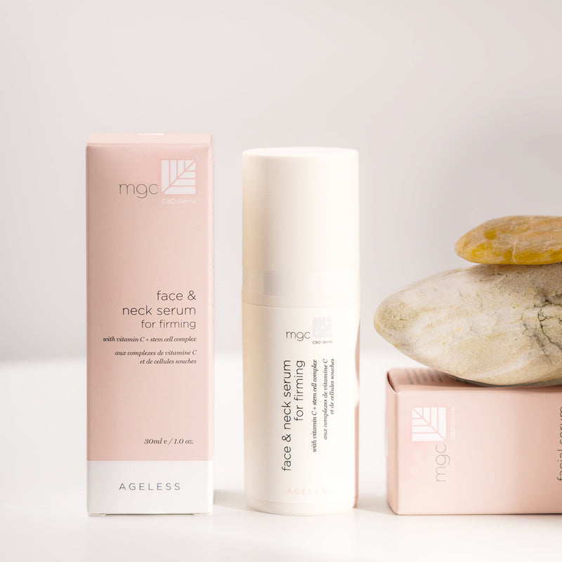 MGC Derma Ageless advanced face serum for firmness with face and neck serum packaging in soft pink and white